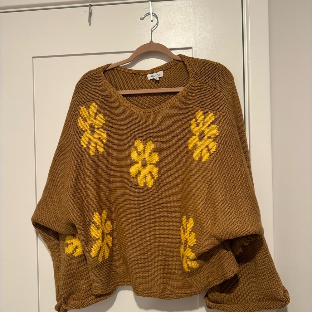 Cozy Brown V-Neck Sweater with Yellow Floral Accents